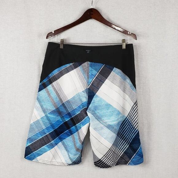 O'neill Board Shorts Men 33 Blue, Black, White Plaid w/ Side Zip Pocket - Picture 2 of 8
